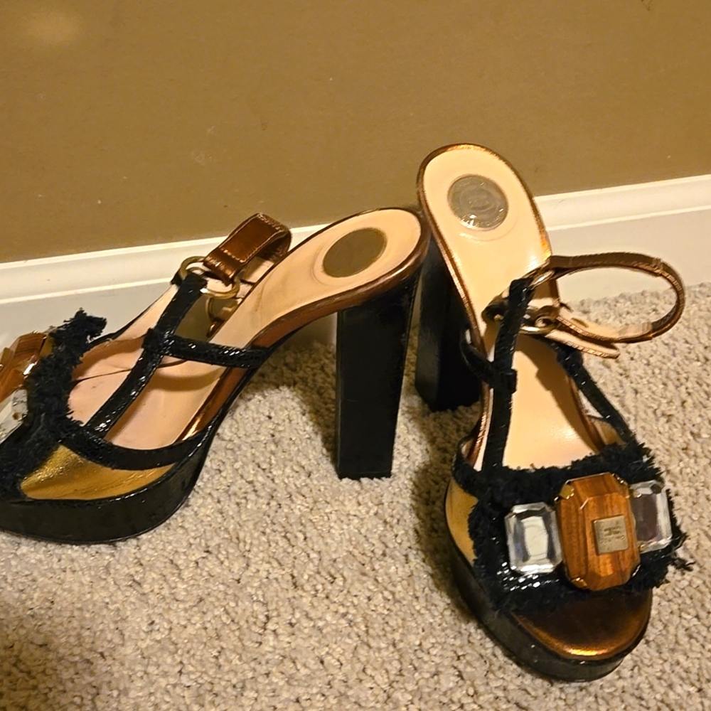 Black and Gold High Heel Dress Shoes with Straps ... Elisabetta Franchi